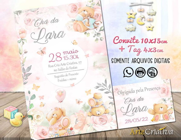CONVITE DIGITAL C/TAG Chá de bebê Menina Ursinho e Flores