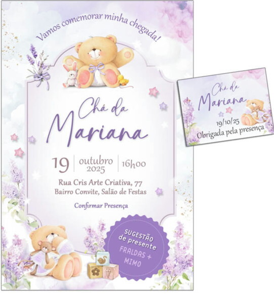 Convite Digital C/tag Chá de Bebê Menina Ursinho Lavanda