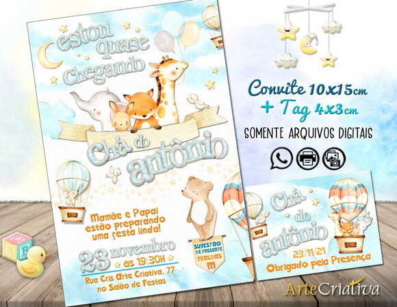 CONVITE DIGITAL C/TAG Chá de bebê Menino Animais 4