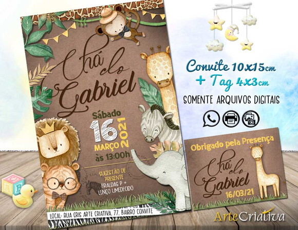CONVITE DIGITAL C/TAG Chá de bebê Menino Animais Safari 2