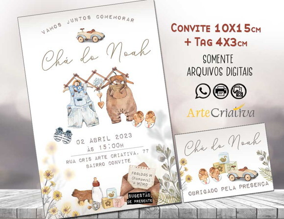 Convite Digital C/tag Chá de Bebê Menino Roupinha Boho