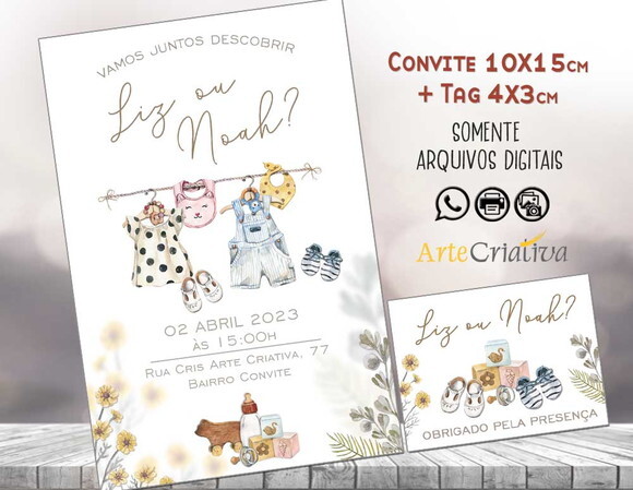 Convite Digital C/tag Chá de Bebê Revelação Boho