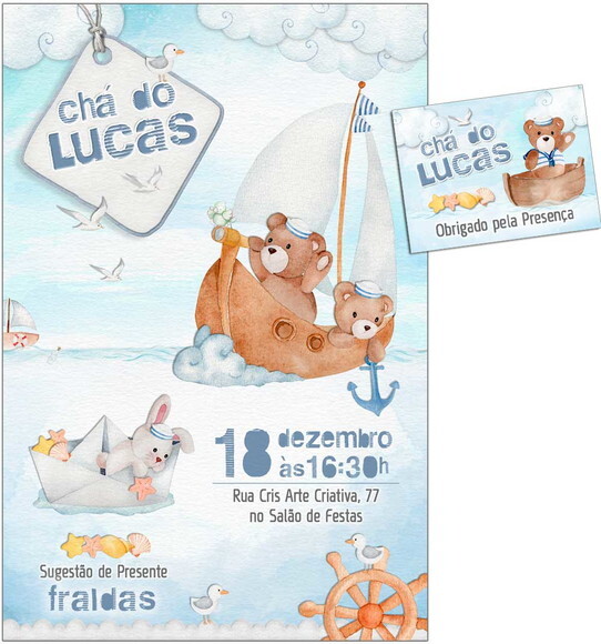 CONVITE DIGITAL C/TAG Chá de bebê Ursinho Marinheiro