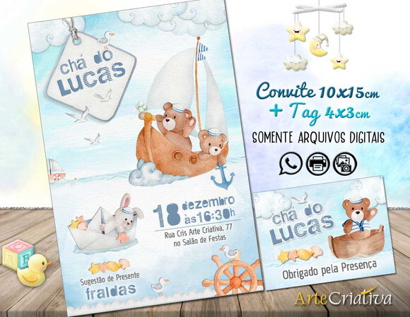 CONVITE DIGITAL C/TAG Chá de bebê Ursinho Marinheiro