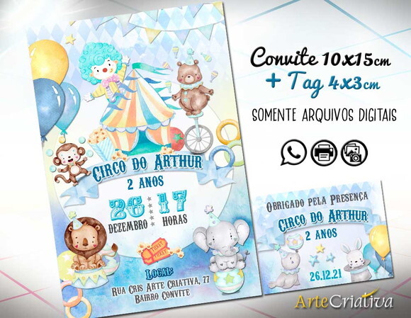 CONVITE DIGITAL C/TAG Circo Aquarela Azul Menino
