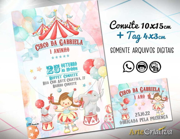 CONVITE DIGITAL C/TAG Circo Aquarela Menina 13