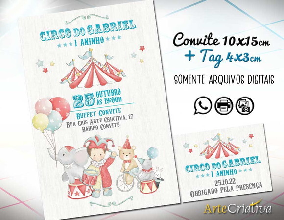 CONVITE DIGITAL C/TAG Circo Aquarela Menino 14
