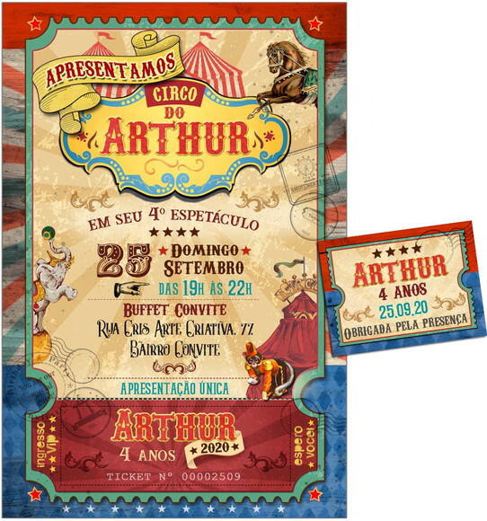 CONVITE DIGITAL C/TAG Circo Ingresso Vintage