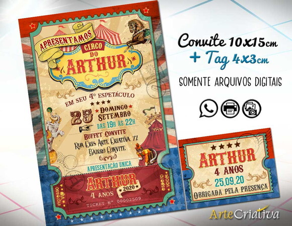 CONVITE DIGITAL C/TAG Circo Ingresso Vintage