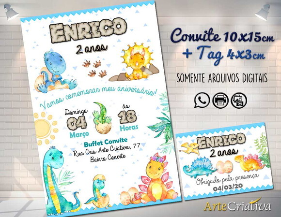 CONVITE DIGITAL C/TAG Dinossauro Aquarela Azul
