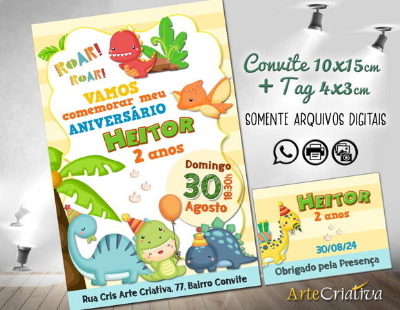 Convite Digital C/tag Dinossauro Cute 3
