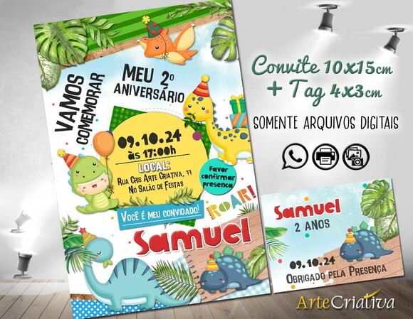 Convite Digital C/tag Dinossauro Cute 4