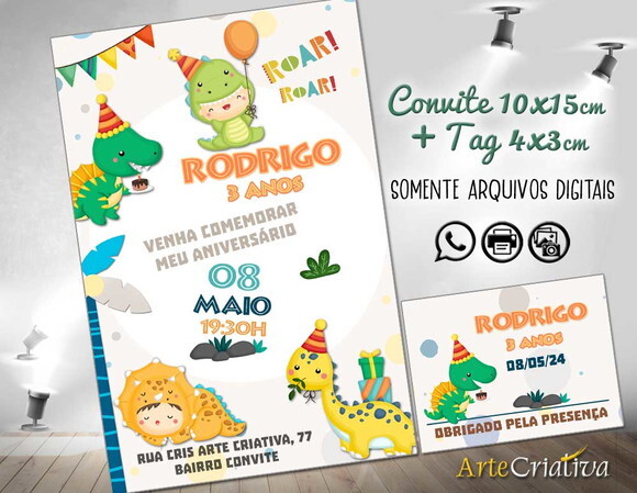 Convite Digital C/tag Dinossauro Cute 5