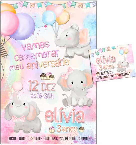 CONVITE DIGITAL C/TAG Elefantinha Fofa