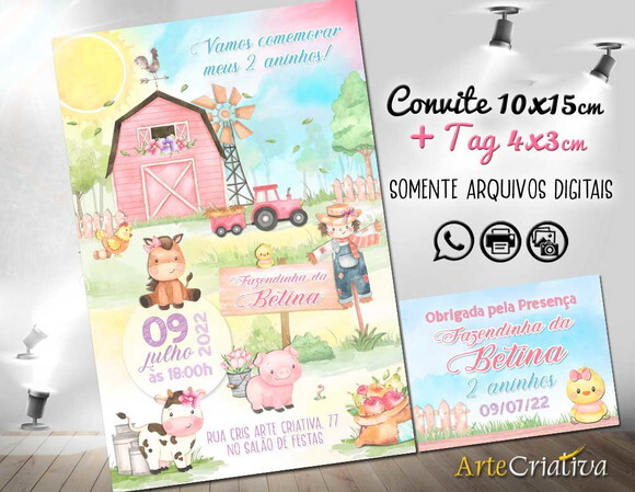 CONVITE DIGITAL C/TAG Fazendinha Candy Menina Aquarela