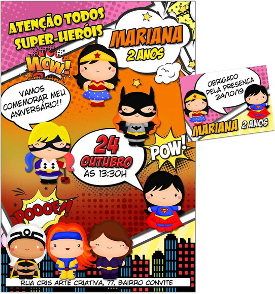 CONVITE DIGITAL C/TAG Heroinas Cute Gibi