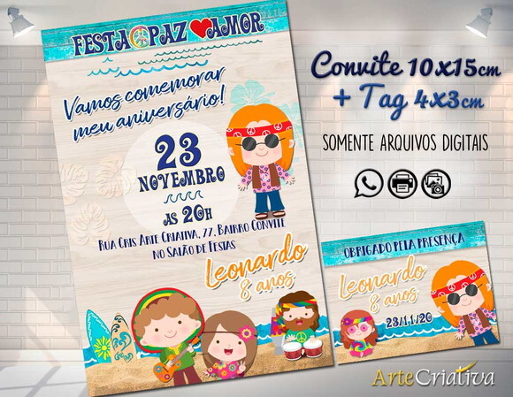 CONVITE DIGITAL C/TAG Hippie Paz e amor