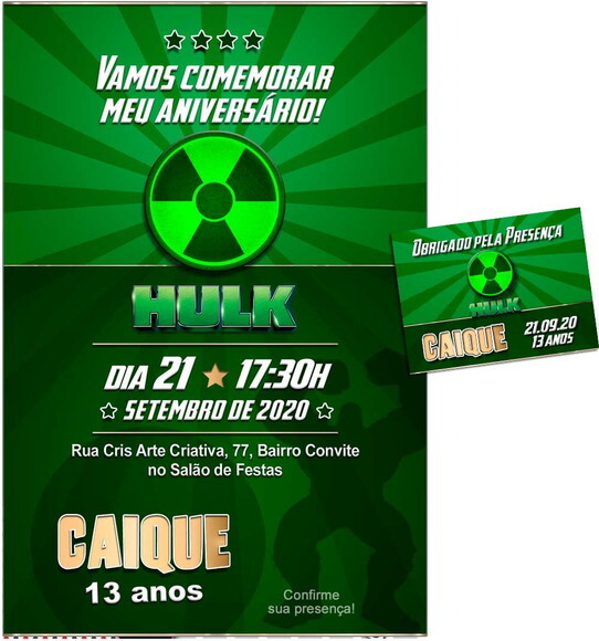 CONVITE DIGITAL C/TAG Hulk