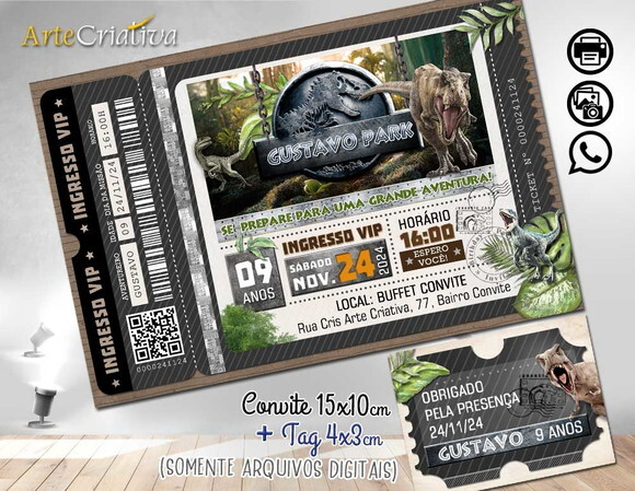 Convite Digital C/tag Ingresso Dinossauro Jurassic Park