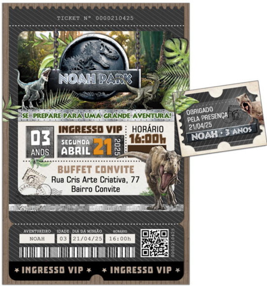 Convite Digital C/tag Ingresso Dinossauro Jurassic Park 2