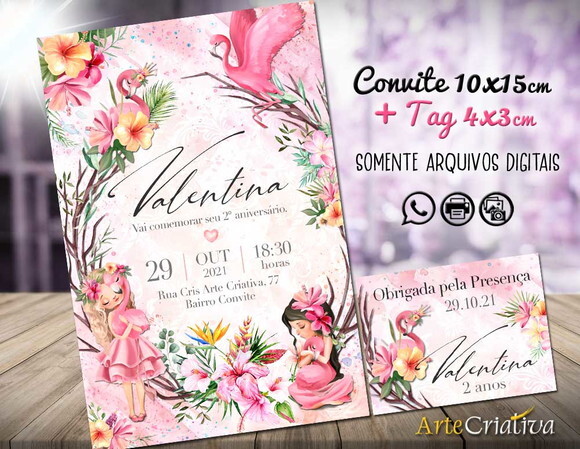 CONVITE DIGITAL C/TAG Menina Flamingos