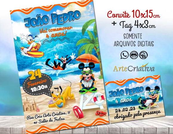 Convite Digital C/tag Mickey Mouse Praia 3