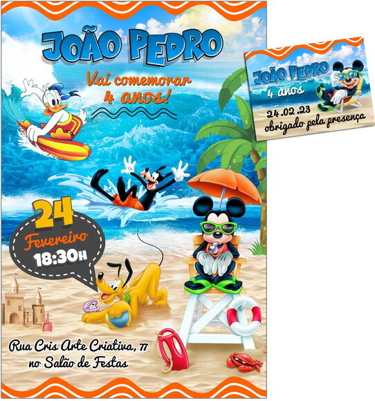 Convite Digital C/tag Mickey Mouse Praia 3
