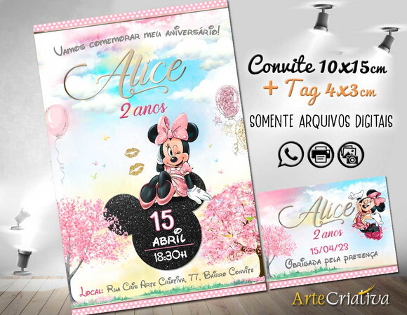 Convite Digital C/tag Minnie Mouse Rosa 4