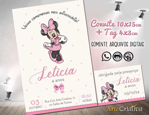 Convite Digital C/tag Minnie Mouse Rosa 5