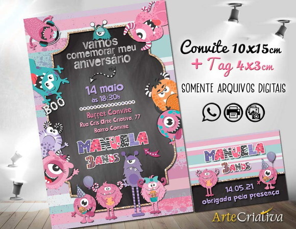 CONVITE DIGITAL C/TAG Monstrinhos Menina 2