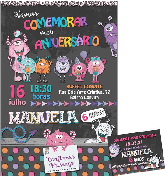 CONVITE DIGITAL C/TAG Monstrinhos Menina 3