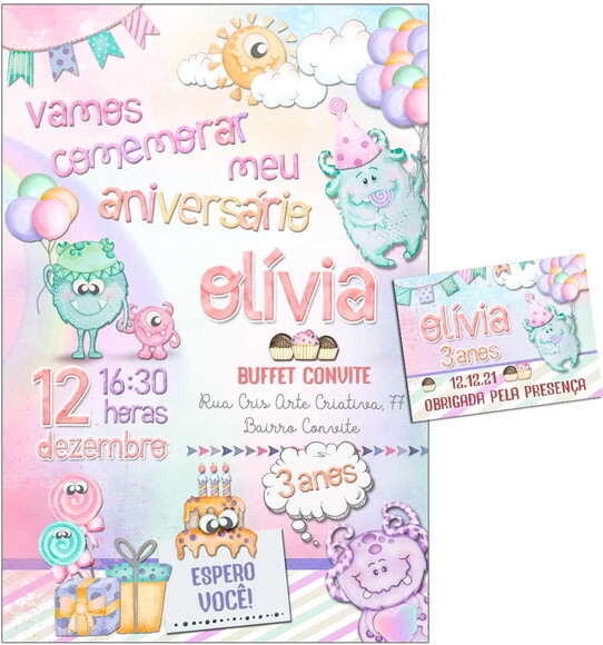 CONVITE DIGITAL C/TAG Monstrinhos Menina Aquarelado 2