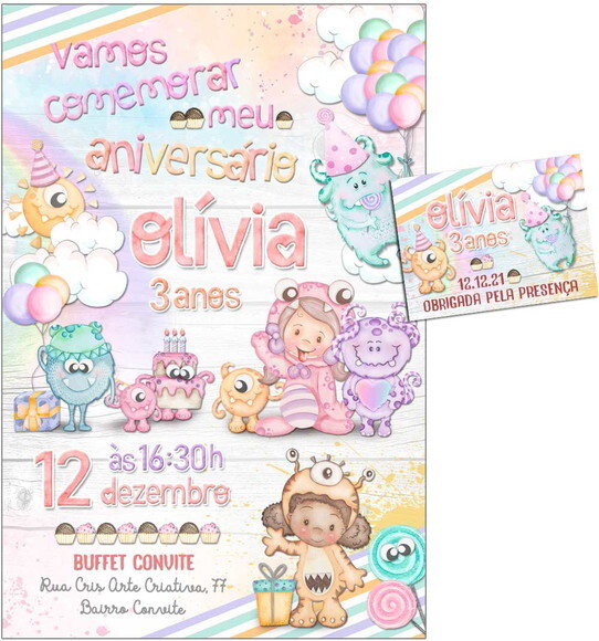 CONVITE DIGITAL C/TAG Monstrinhos Menina Aquarelado 3