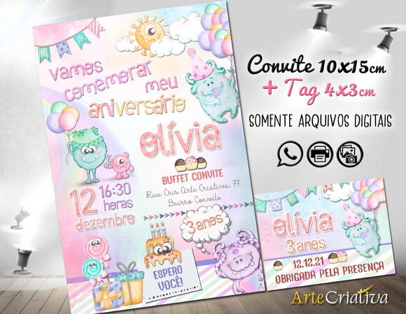 CONVITE DIGITAL C/TAG Monstrinhos Menina Aquarelado 2