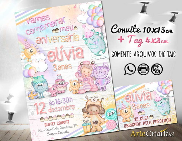 CONVITE DIGITAL C/TAG Monstrinhos Menina Aquarelado 3