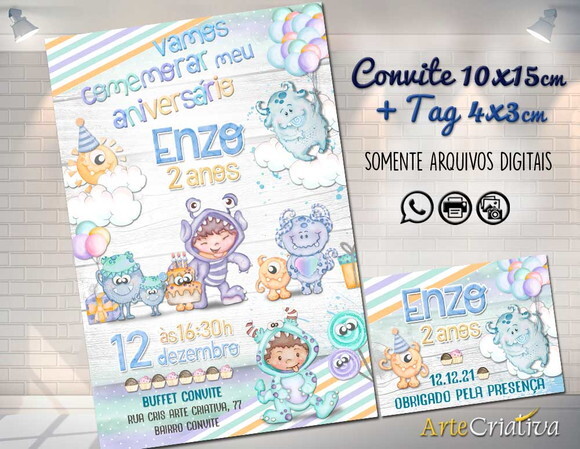 CONVITE DIGITAL C/TAG Monstrinhos Menino Aquarelado 3