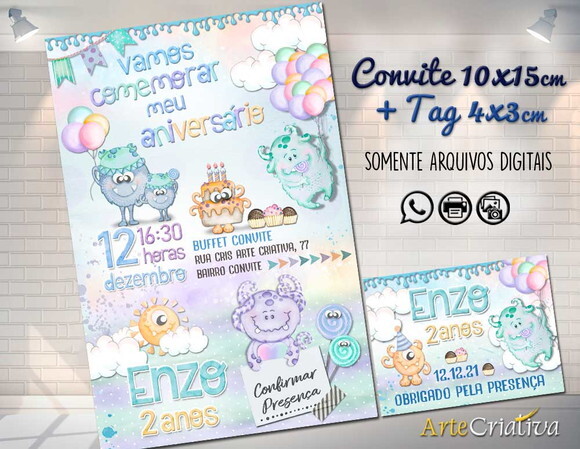 CONVITE DIGITAL C/TAG Monstrinhos Menino Aquarelado 1