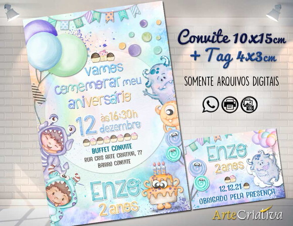 CONVITE DIGITAL C/TAG Monstrinhos Menino Aquarelado 2