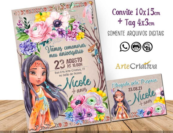 CONVITE DIGITAL C/TAG Pocahontas Aquarela