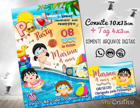 CONVITE DIGITAL C/TAG Pool Party Menina 4