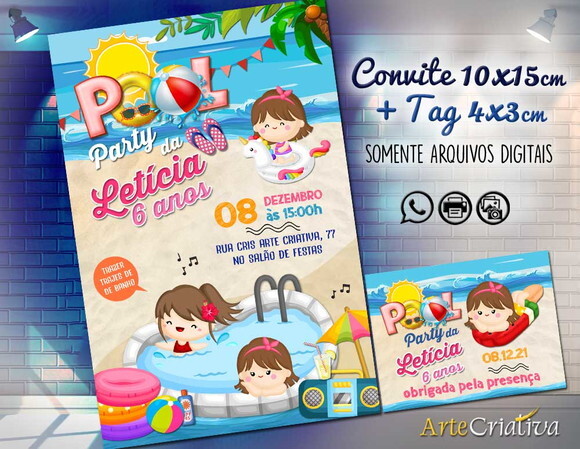 CONVITE DIGITAL C/TAG Pool Party Menina 5