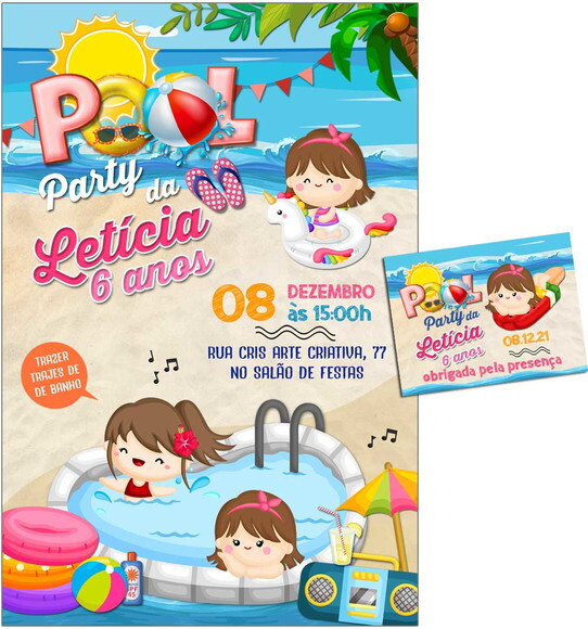 CONVITE DIGITAL C/TAG Pool Party Menina 5
