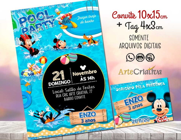 CONVITE DIGITAL C/TAG Pool Party Mickey 3
