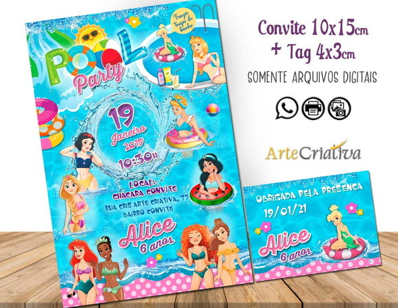 CONVITE DIGITAL C/TAG Pool Party Princesas 1