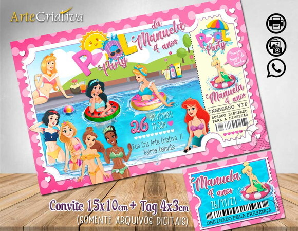 CONVITE DIGITAL C/TAG Pool Party Princesas 2