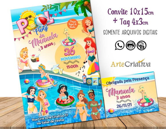 CONVITE DIGITAL C/TAG Pool Party Princesas 3