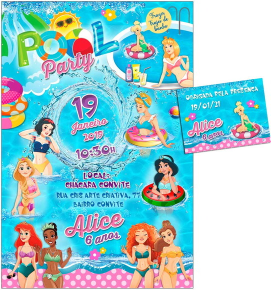 CONVITE DIGITAL C/TAG Pool Party Princesas 1