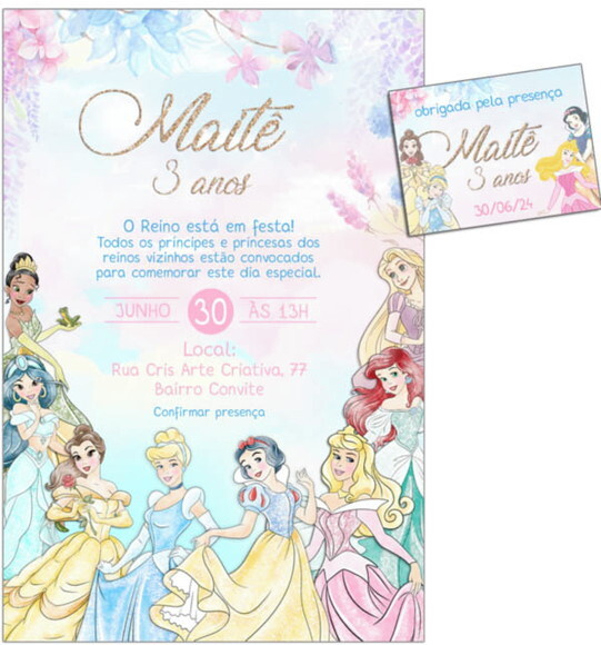 Convite Digital C/tag Princesas Disney Aquarela Candy
