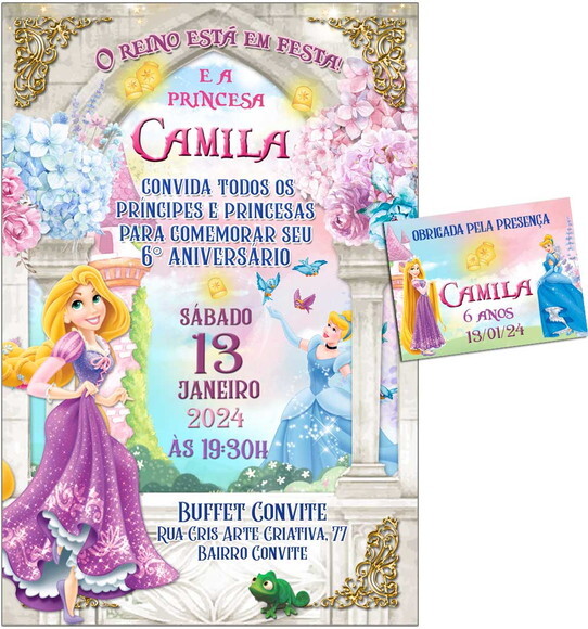 Convite Digital C/tag Princesas Disney Rapunzel e Cinderela