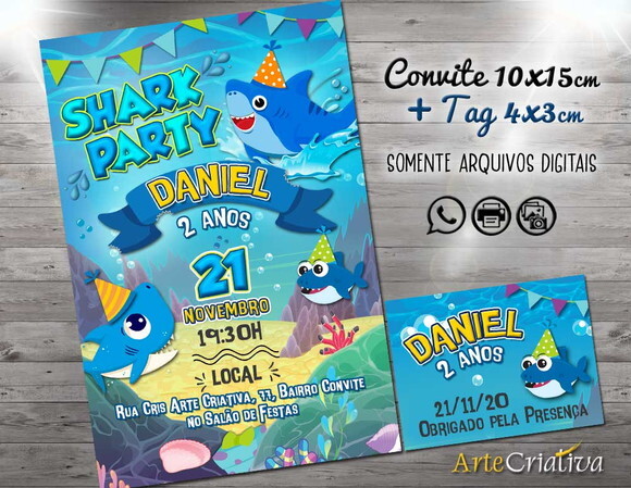 CONVITE DIGITAL C/TAG Shark Party Tubarão Baby
